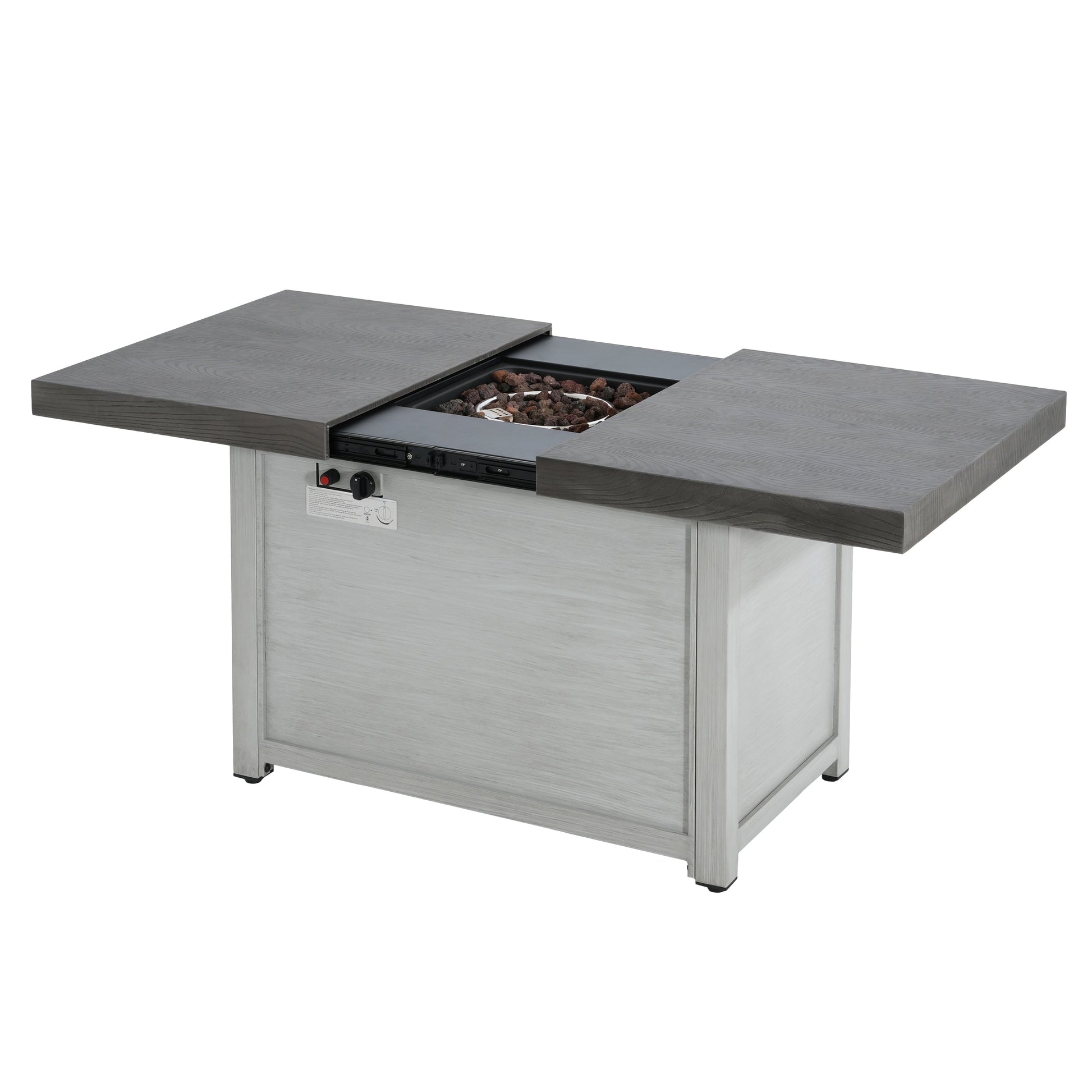 Extendable rectangle aluminum fire pit table by HouseOfZazla gray woodgrain top lava rocks on Tampa Home & Garden Store