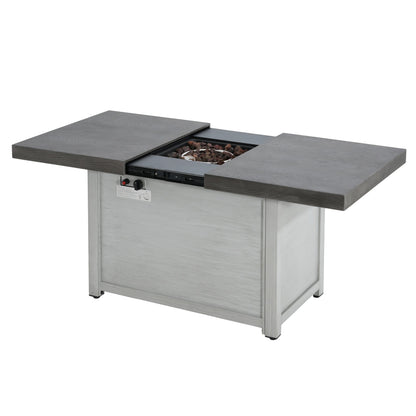 Extendable rectangle aluminum fire pit table by HouseOfZazla gray woodgrain top lava rocks on Tampa Home & Garden Store