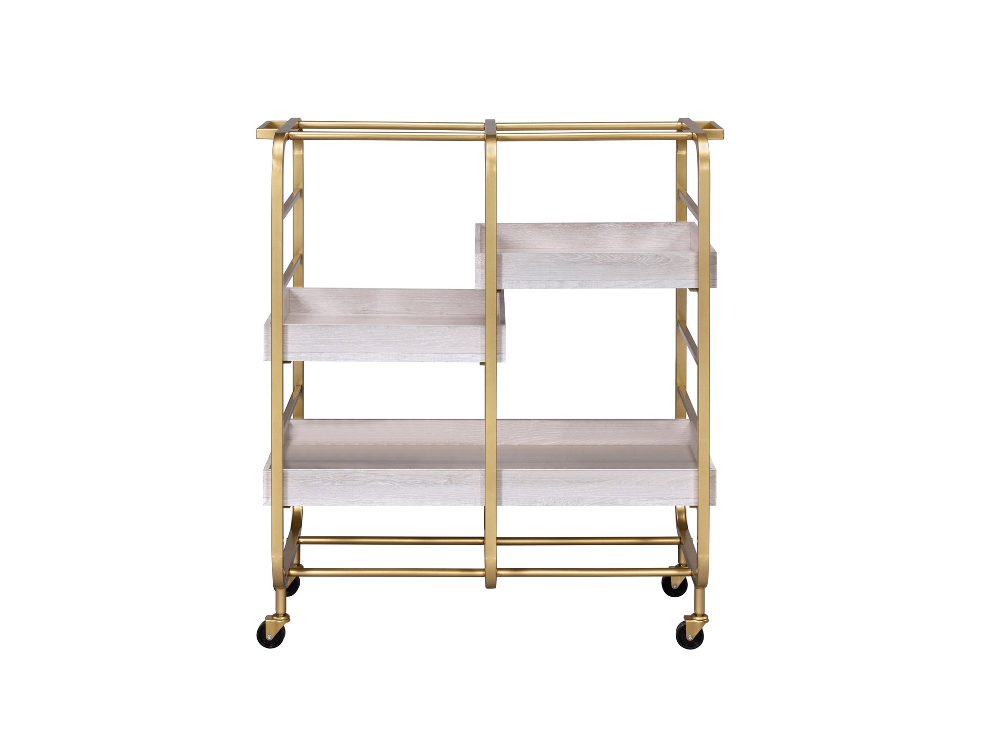 Vorrik Gold & White Washed Finish Serving Cart with gold frame and whitewashed shelves on casters on Tampa Home & Garden Store