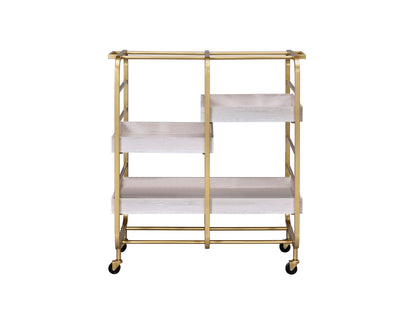 Vorrik Gold & White Washed Finish Serving Cart with gold frame and whitewashed shelves on casters on Tampa Home & Garden Store