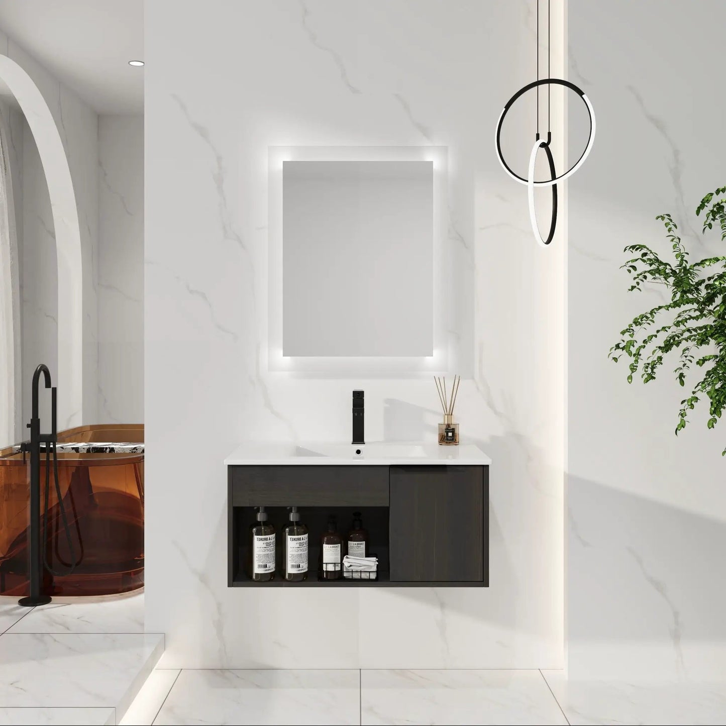 Wall Mounted Floating Vanity With Open Shelf