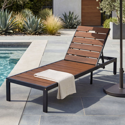 Outdoor Chaise With Adjustable Backrest by HouseOfZazla, brown wood slats on black frame on Tampa Home & Garden Store