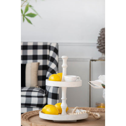 Two Tier Round Wooden Tray in White Finish