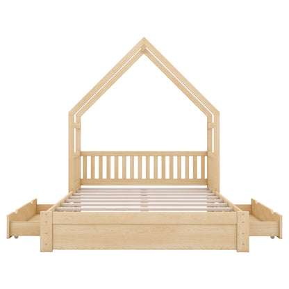 House Style Platform Bed with guardrails and 2 drawers in natural wood by HouseOfZazla on Tampa Home & Garden Store