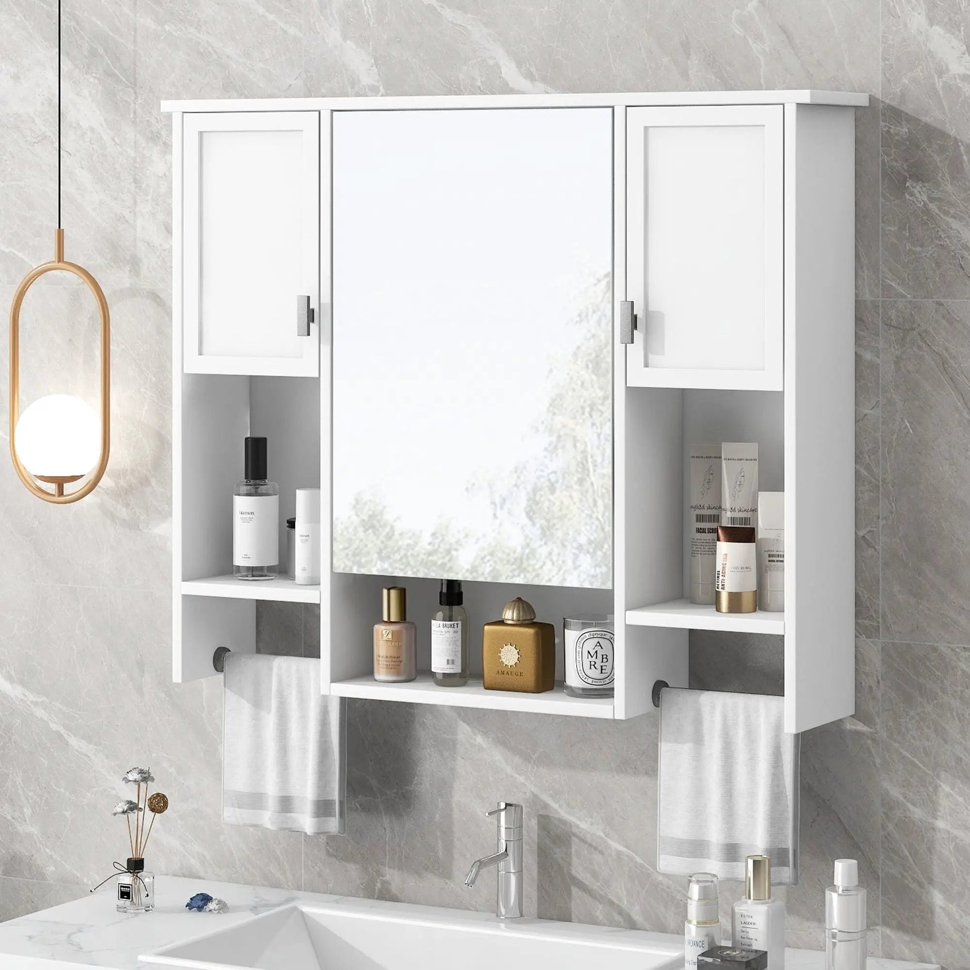 White medicine cabinet with mirrored center panel and towel bar by Unique Piece Furniture on Tampa Home & Garden Store