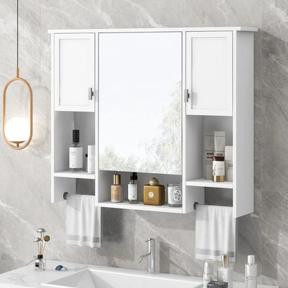White medicine cabinet with mirrored center panel and towel bar by Unique Piece Furniture on Tampa Home & Garden Store