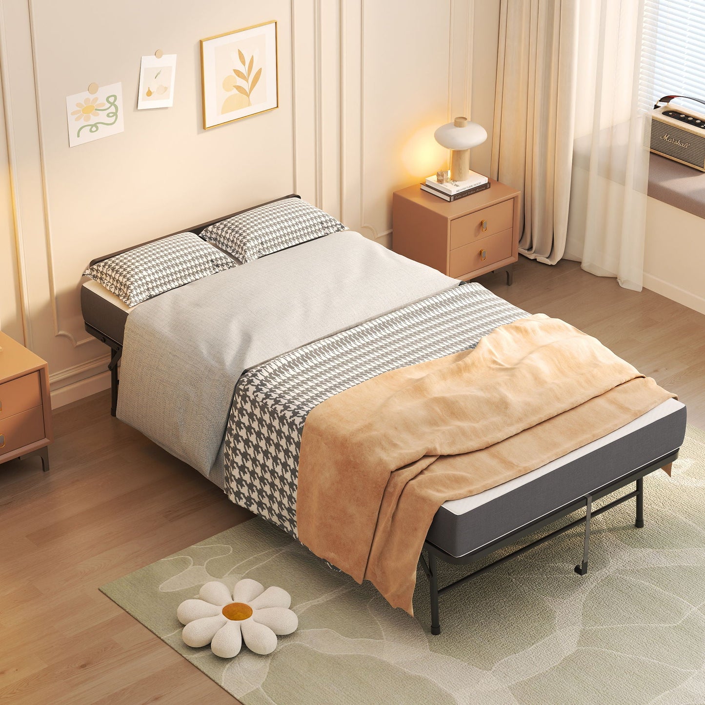 Two twin folding beds on wheels with memory foam toppers, black metal frames, beige bedroom on Tampa Home & Garden Store