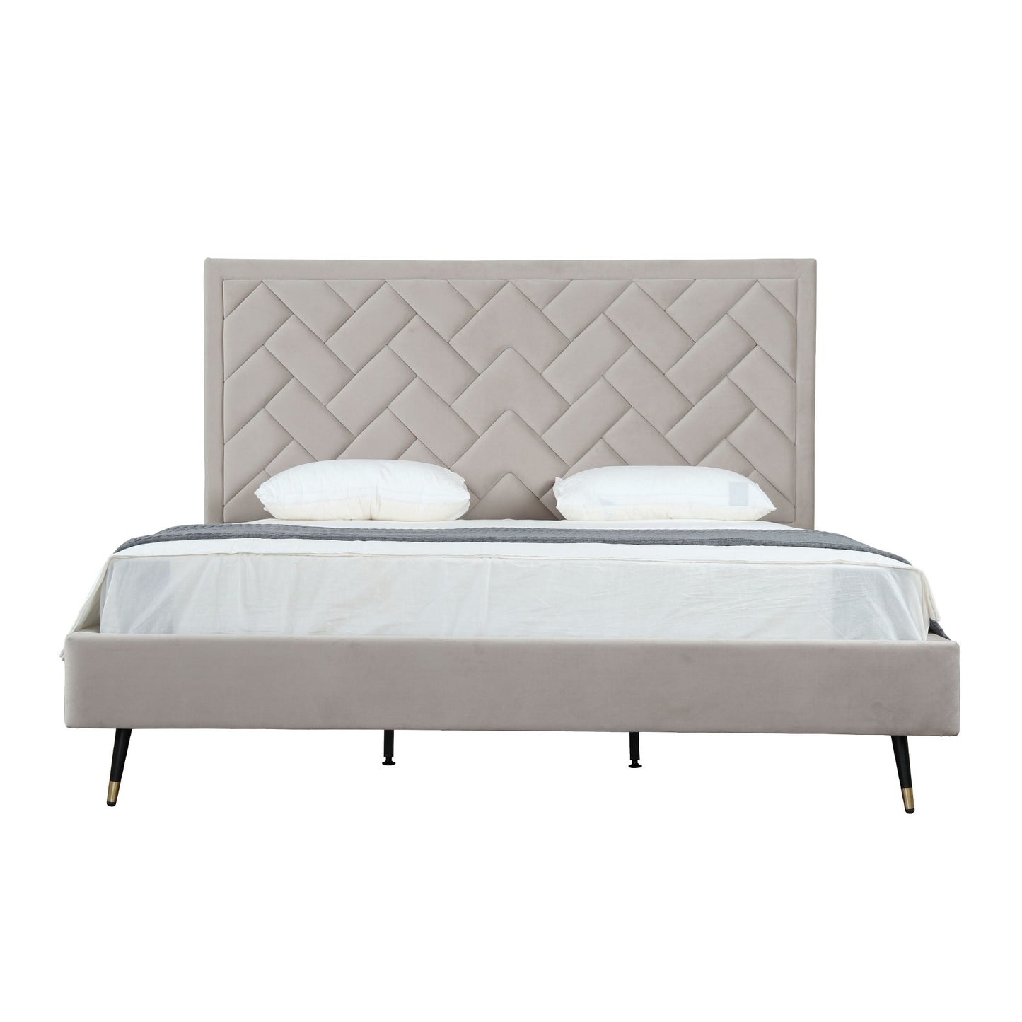 Crosby upholstered bed with diamond-tufted headboard and slats in beige by HouseOfZazla on Tampa Home & Garden Store