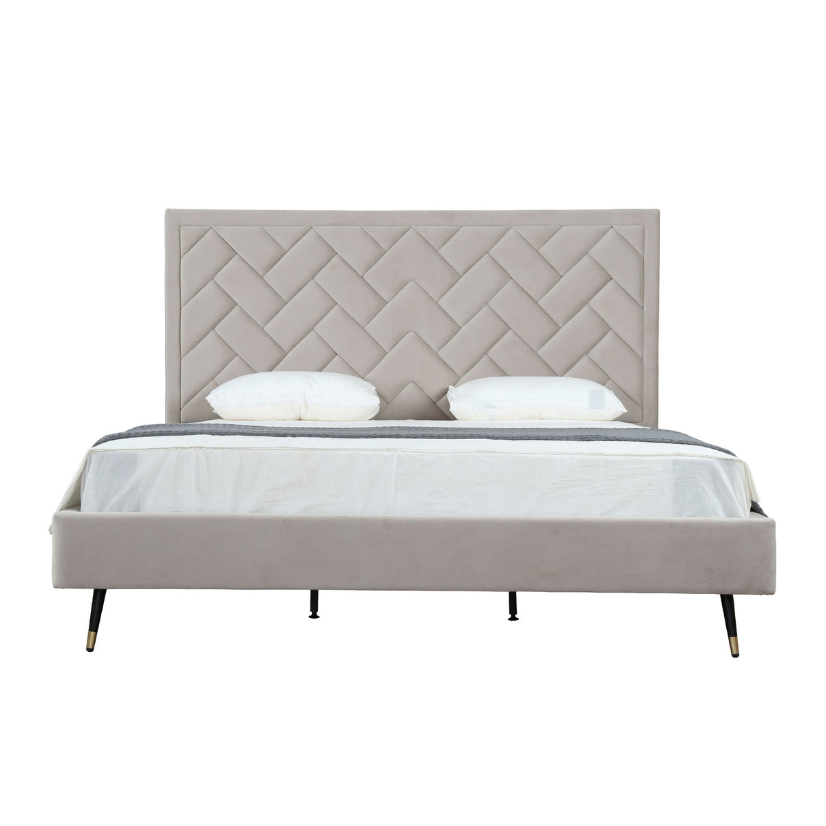 Crosby upholstered bed with diamond-tufted headboard and slats in beige by HouseOfZazla on Tampa Home & Garden Store