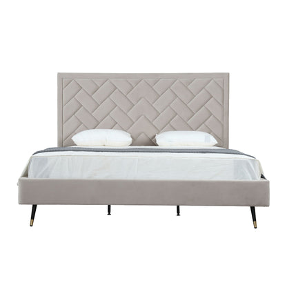 Crosby upholstered bed with diamond-tufted headboard and slats in beige by HouseOfZazla on Tampa Home & Garden Store