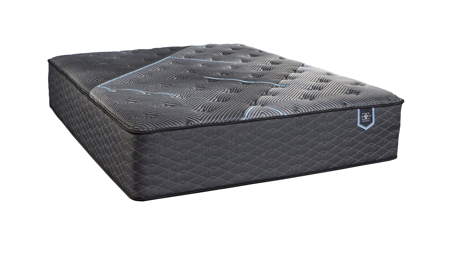 Restonic ComfortCare Hybrid Plush King Mattress with gray quilted cover and blue accents on Tampa Home & Garden Store