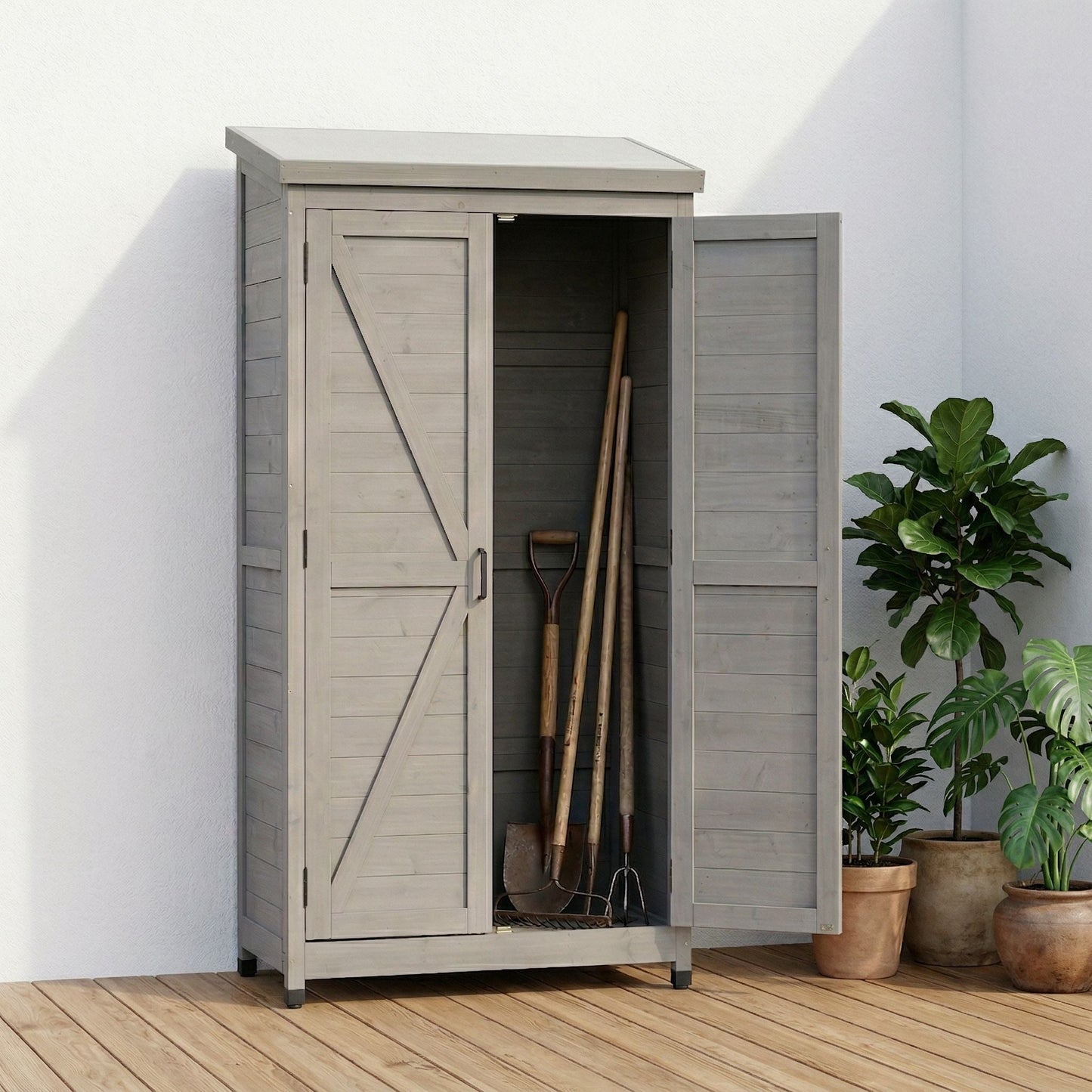 Outdoor Shed With Vertical Tool Cabinet and Shelf