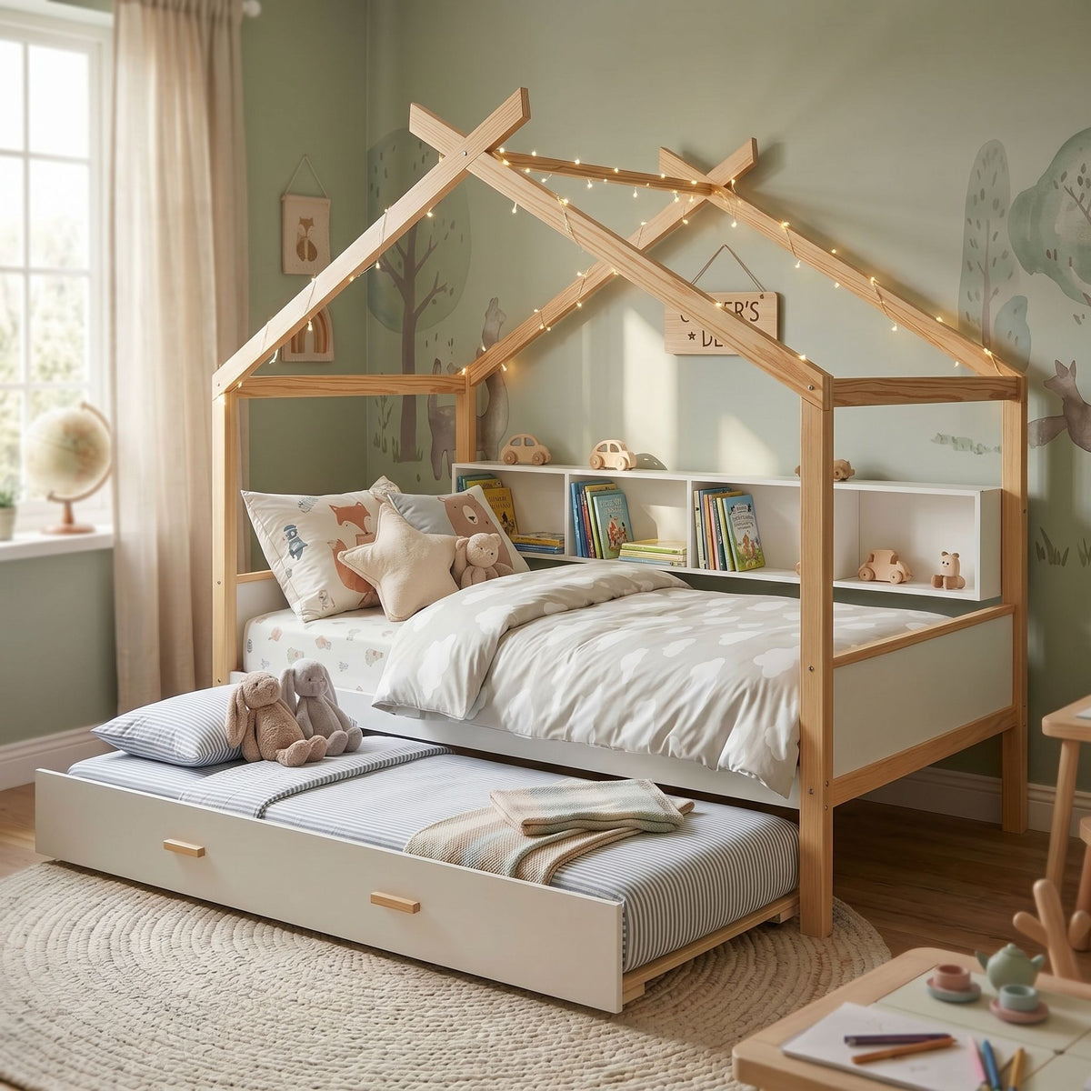 House bed with bookshelf storage twin in wood finish with cubby shelves and under-bed drawers on Tampa Home & Garden Store