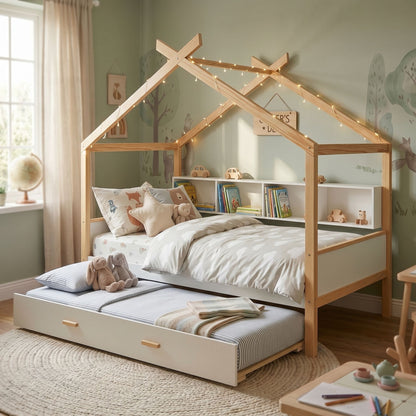 House bed with bookshelf storage twin in wood finish with cubby shelves and under-bed drawers on Tampa Home & Garden Store