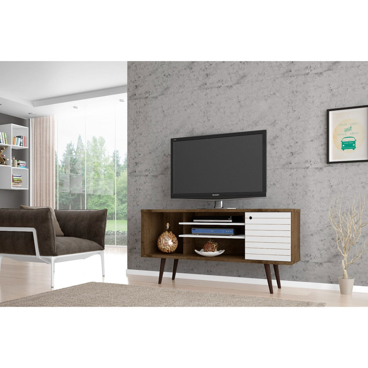 HouseOfZazla Free Standing TV Stand with Storage in wood with white drawer and open shelves on Tampa Home & Garden Store