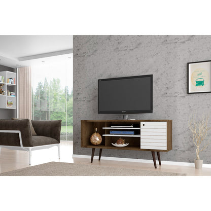 HouseOfZazla Free Standing TV Stand with Storage in wood with white drawer and open shelves on Tampa Home & Garden Store