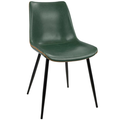 Contemporary dining chair in dark green faux leather with orange stitching and black metal legs on Tampa Home & Garden Store