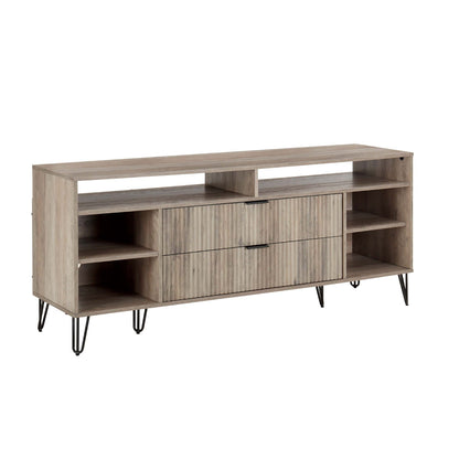 Fluted TV stand with storage and metal legs in gray wood; 2 drawers, open shelves HouseOfZazla on Tampa Home & Garden Store