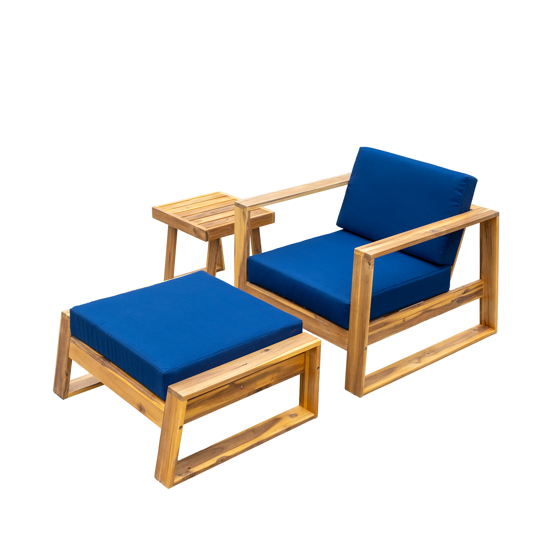 U_STYLE Acacia Wood Outdoor Lounge Set chair and ottoman (2-piece) with blue cushions on Tampa Home & Garden Store