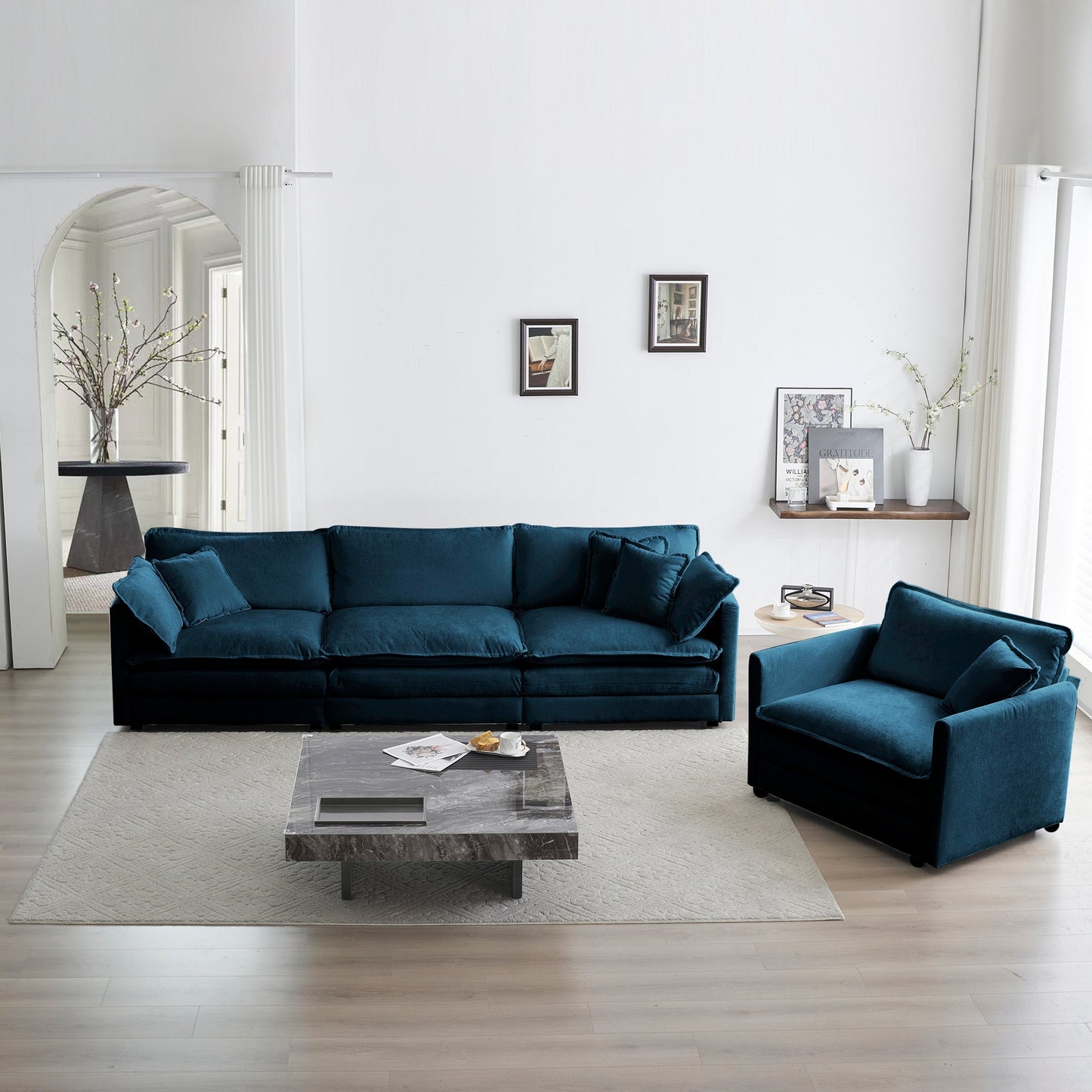 2-Piece blue chenille sectional sofa set with plush cushions in a modern living room on Tampa Home & Garden Store