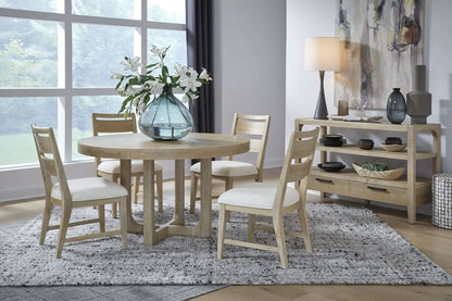 Somerset Buffet Curio in butternut and Omari natural wood finish with round dining table on Tampa Home & Garden Store