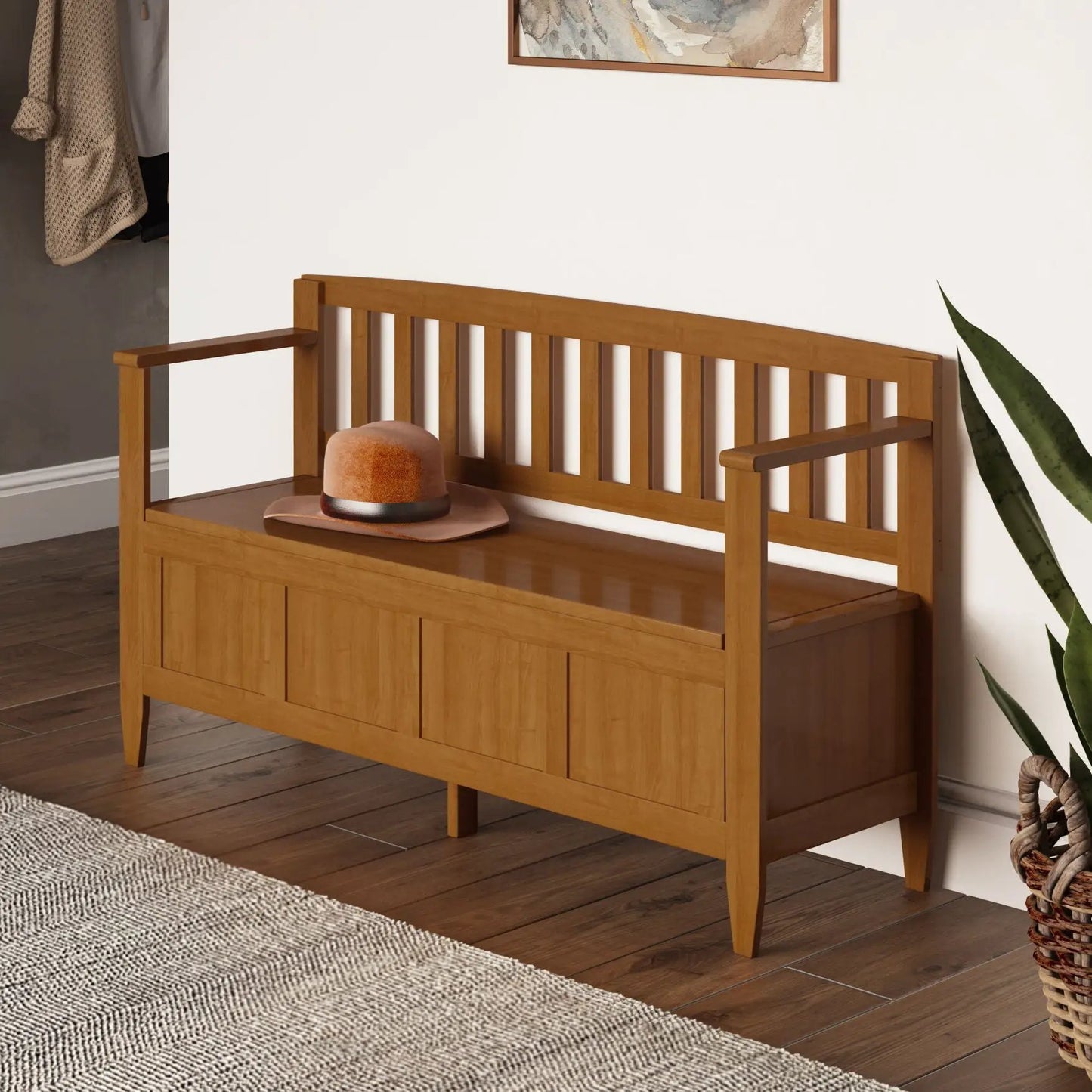 Brooklyn entryway storage bench in warm oak with slatted back by Unique Piece Furniture on Tampa Home & Garden Store
