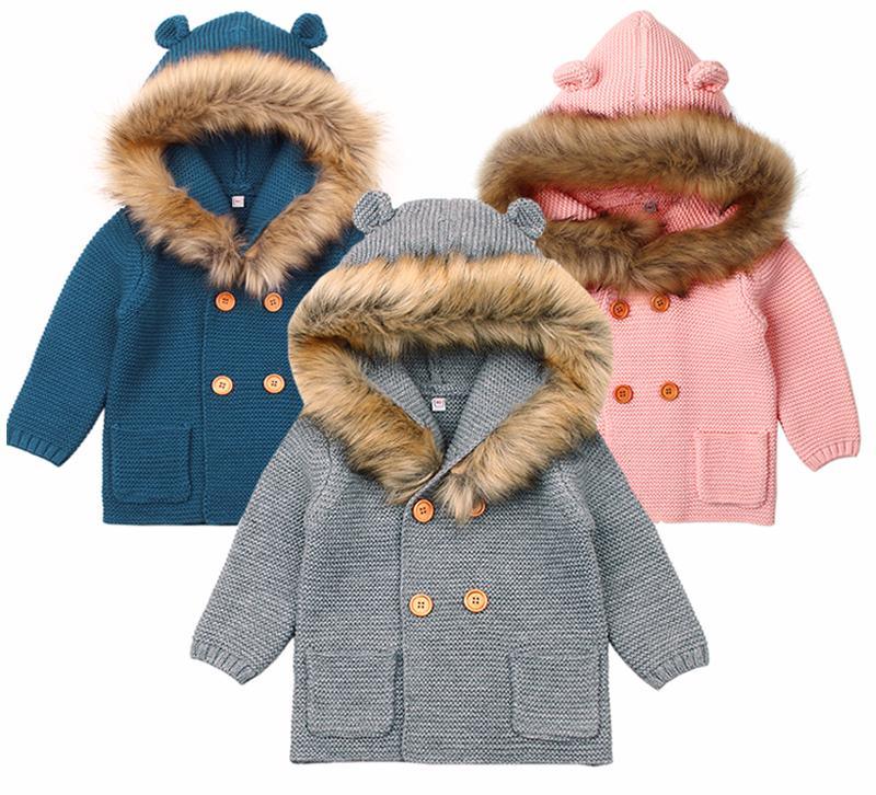 Baby knit cardigan jackets by Stevvex with fur hood trim in blue gray pink, 3-piece set on Tampa Home & Garden Store
