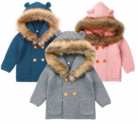 Baby knit cardigan jackets by Stevvex with fur hood trim in blue gray pink, 3-piece set on Tampa Home & Garden Store