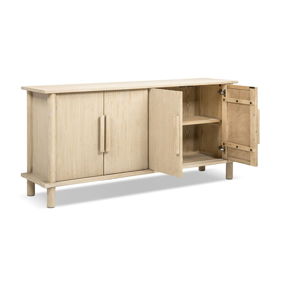 Natural reclaimed wood four-door sideboard with streamlined storage and interior shelf on Tampa Home & Garden Store