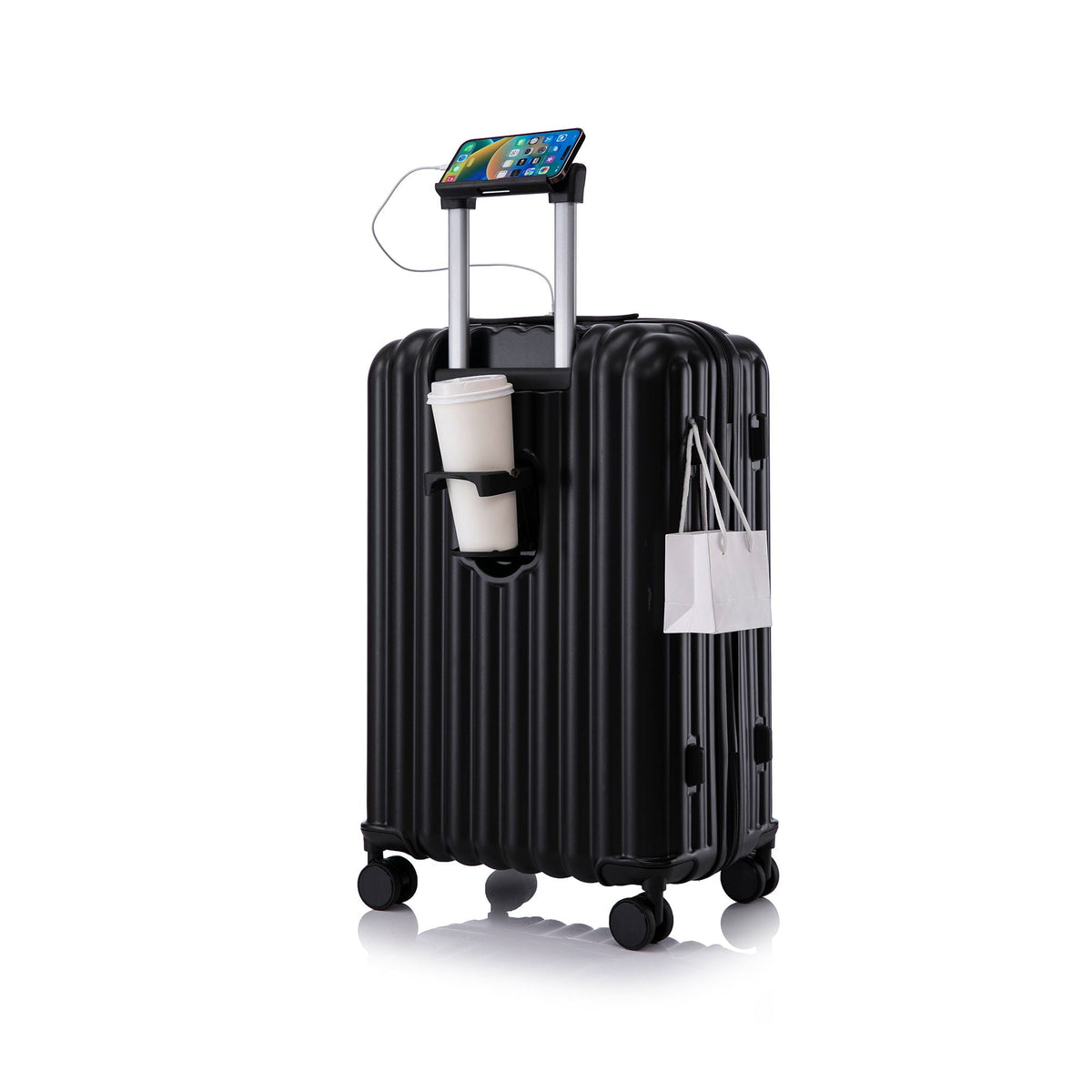 Black carry-on spinner luggage with built-in phone holder, USB port and cup holder on top on Tampa Home & Garden Store