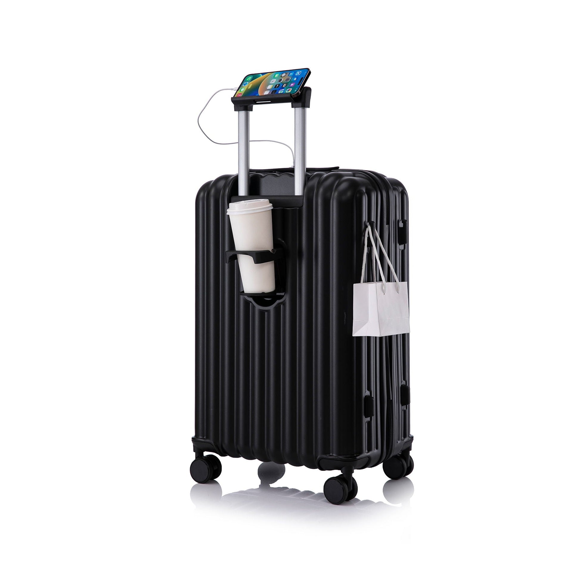 Black carry-on spinner luggage with built-in phone holder, USB port and cup holder on top on Tampa Home & Garden Store