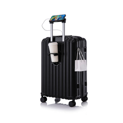 Black carry-on spinner luggage with built-in phone holder, USB port and cup holder on top on Tampa Home & Garden Store