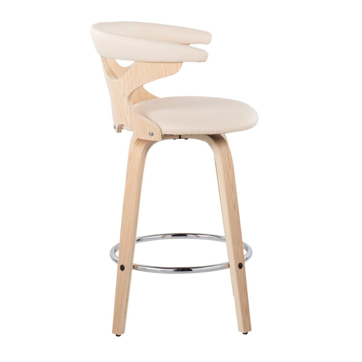 Mid-century modern counter stool beige cushioned seat with natural wood frame and chrome footrest on Tampa Home & Garden Store