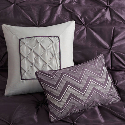 7 Piece Plum Cal King Tufted Comforter Set with satin finish and two decorative pillows on Tampa Home & Garden Store