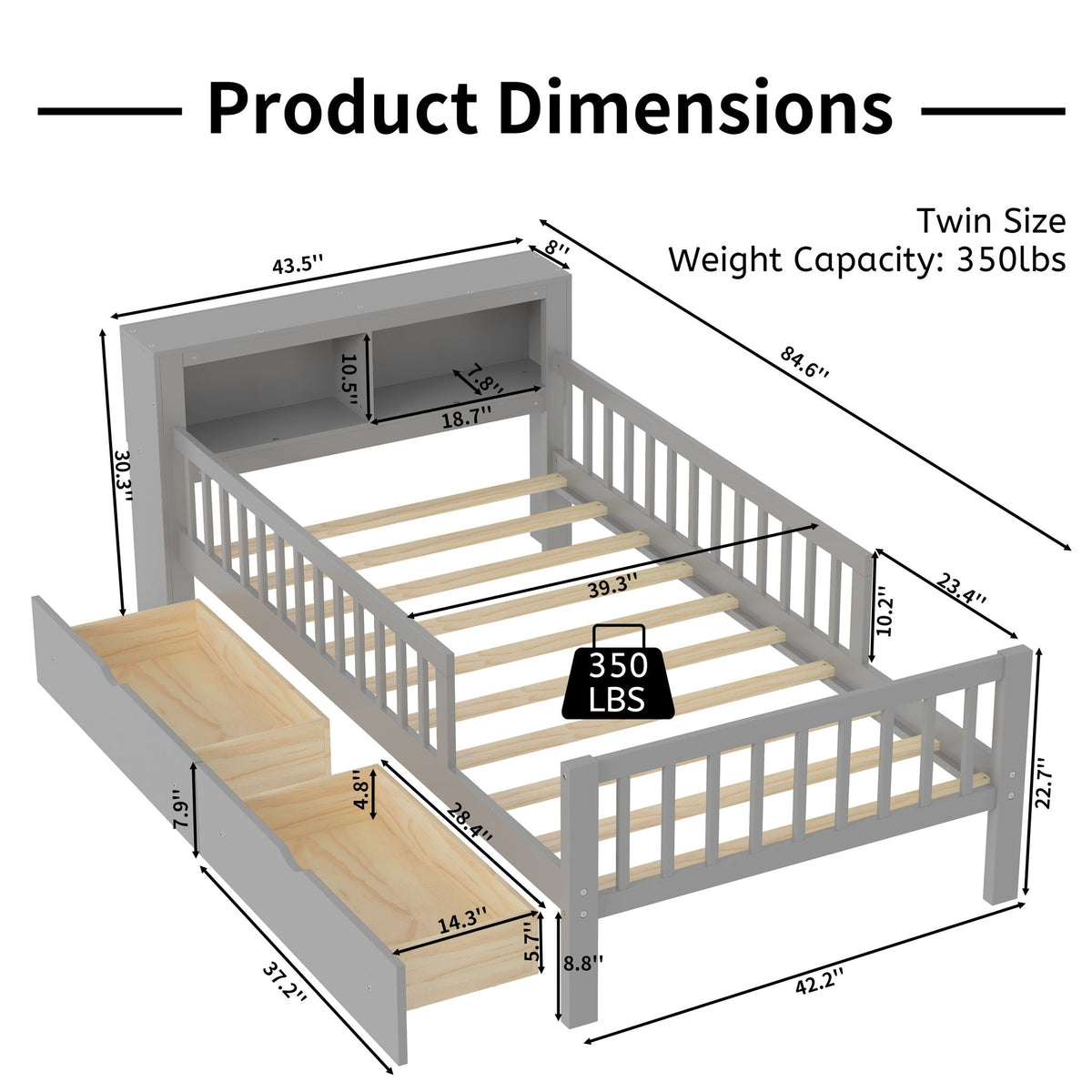 Storage bed in gray with headboard rack and two under-bed drawers, three side guardrails on Tampa Home & Garden Store