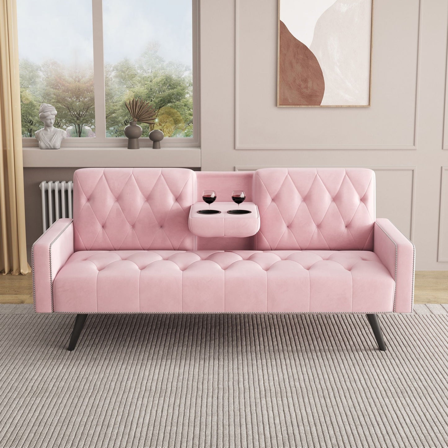 Pink Velvet Sofa Bed With Nailhead And The Frame