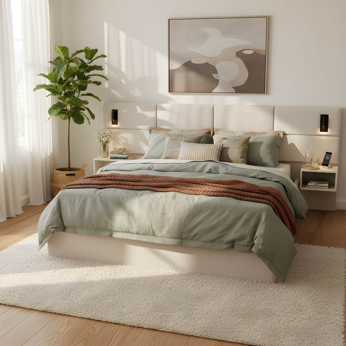 HouseOfZazla king upholstered bed with built-in reading lights and plush gray bedding on Tampa Home & Garden Store