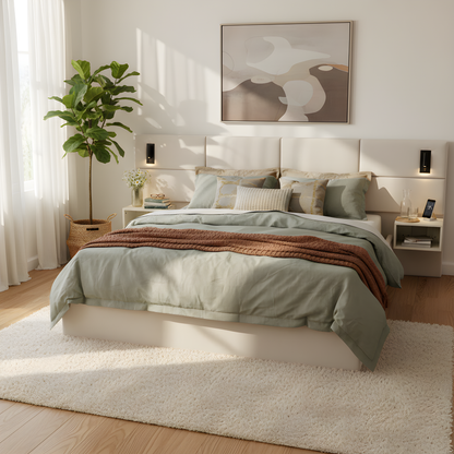 HouseOfZazla king upholstered bed with built-in reading lights and plush gray bedding on Tampa Home & Garden Store