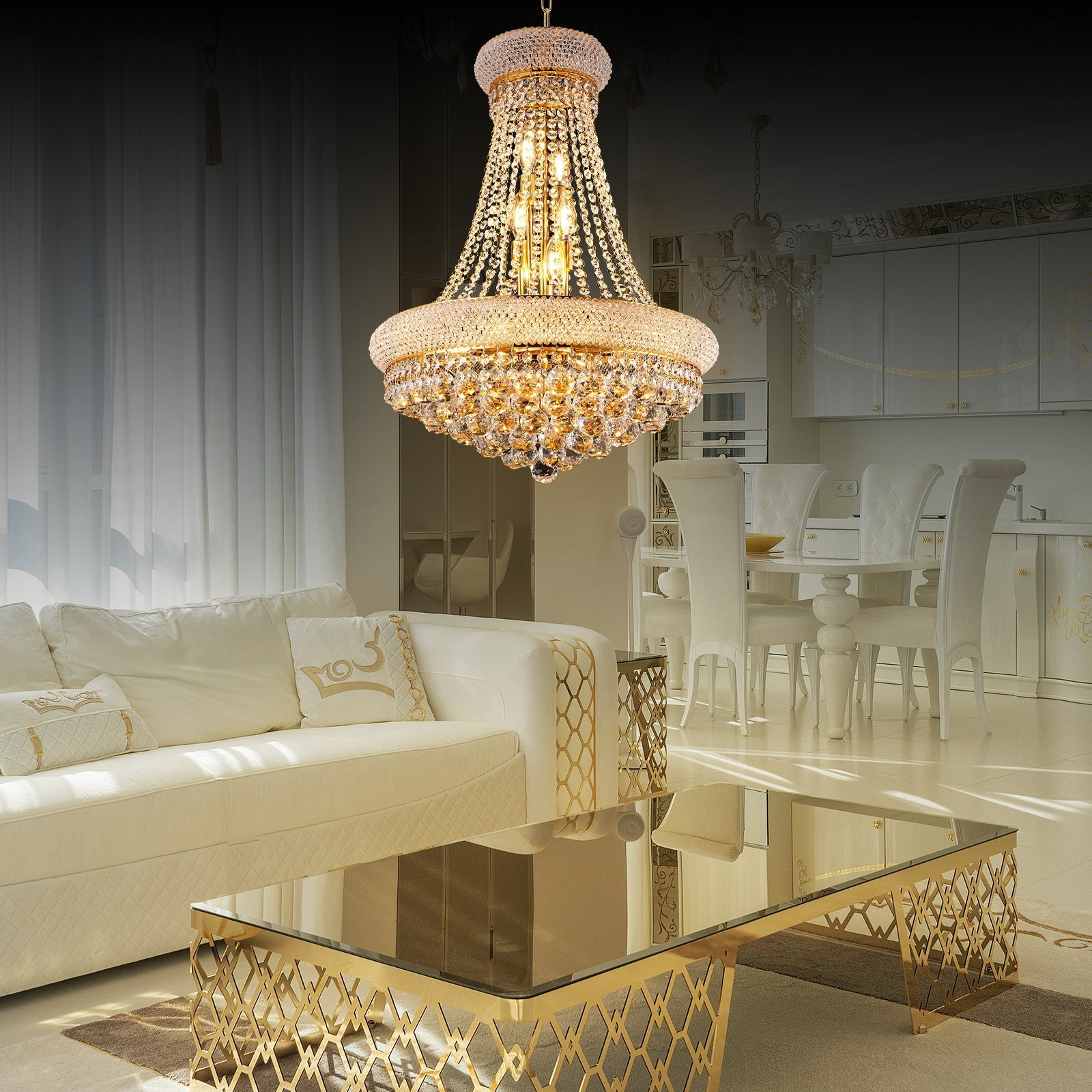 24-Inch gold crystal chandelier, 12-light Empire crystal strands and gold frame HouseOfZazla on Tampa Home & Garden Store