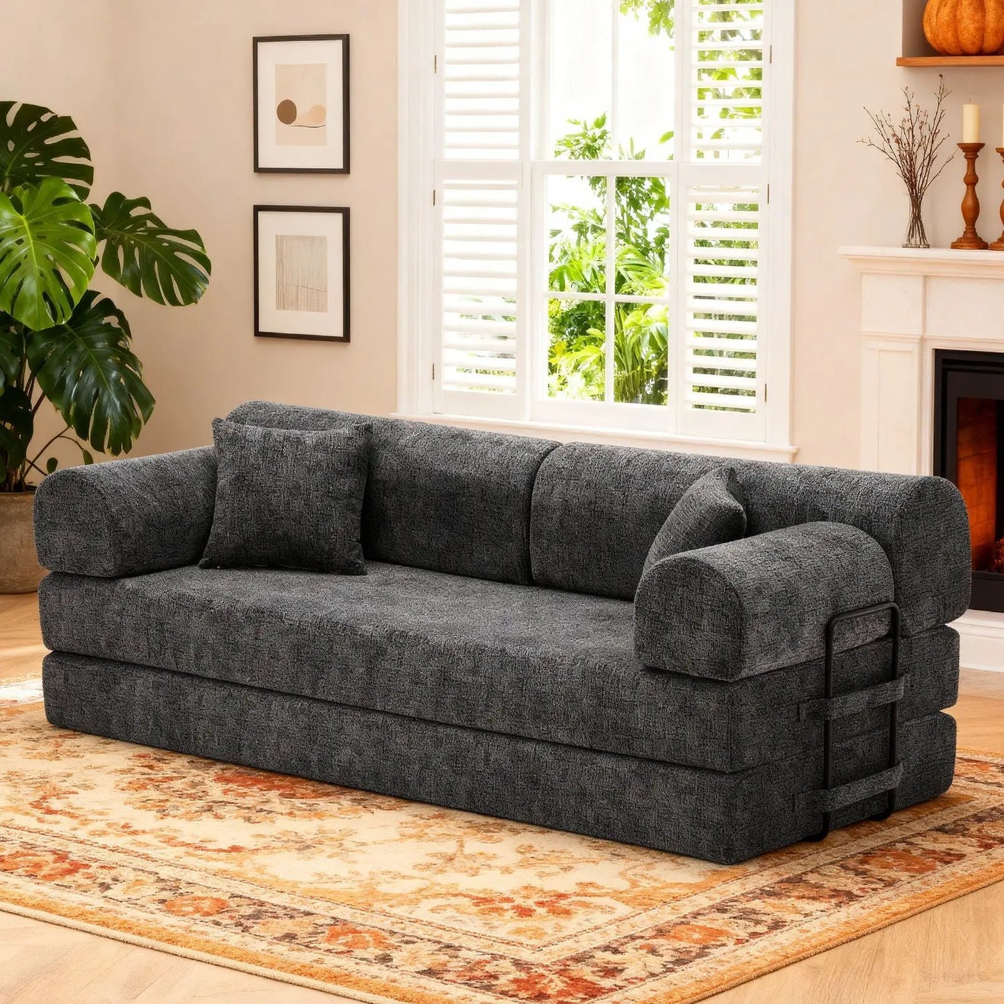 Modern 2-Tone Fabric Convertible Sleeper Sofa Bed in dark gray futon with plush cushions on Tampa Home & Garden Store