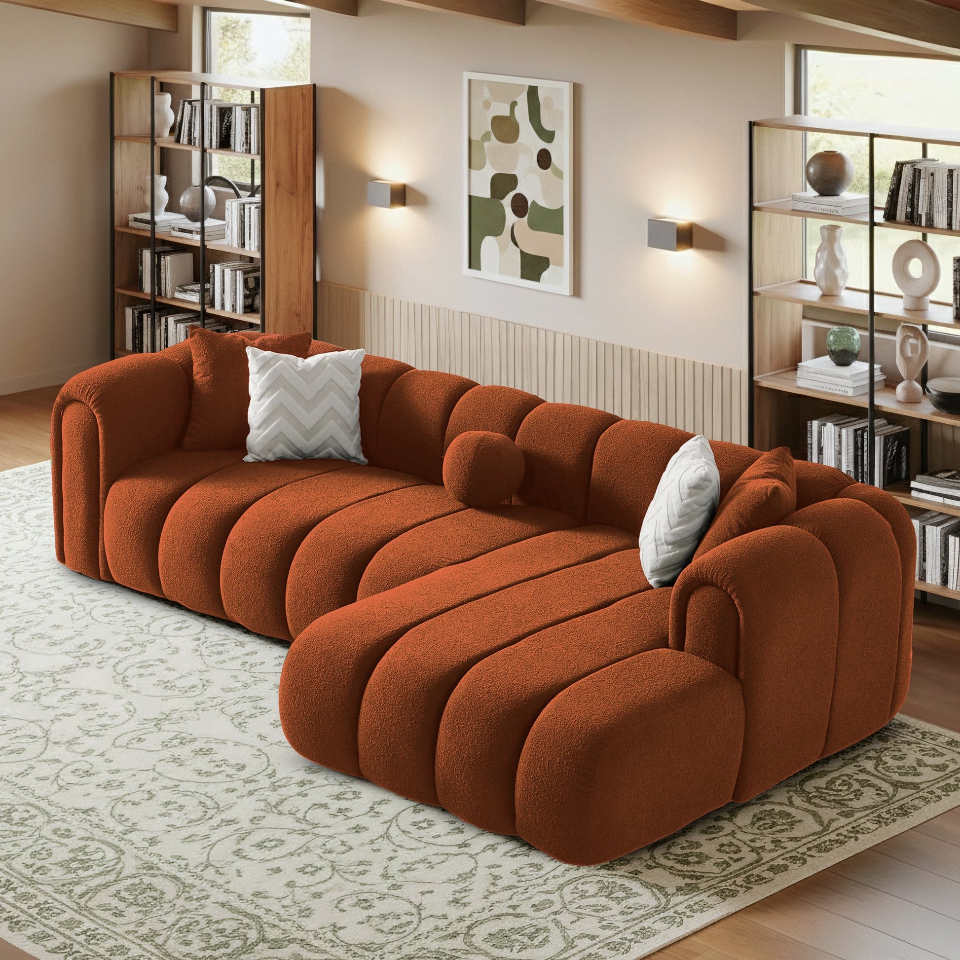 Beatrice Modern Tufted Sectional Burnt orange with rounded cushions in a chic living space on Tampa Home & Garden Store