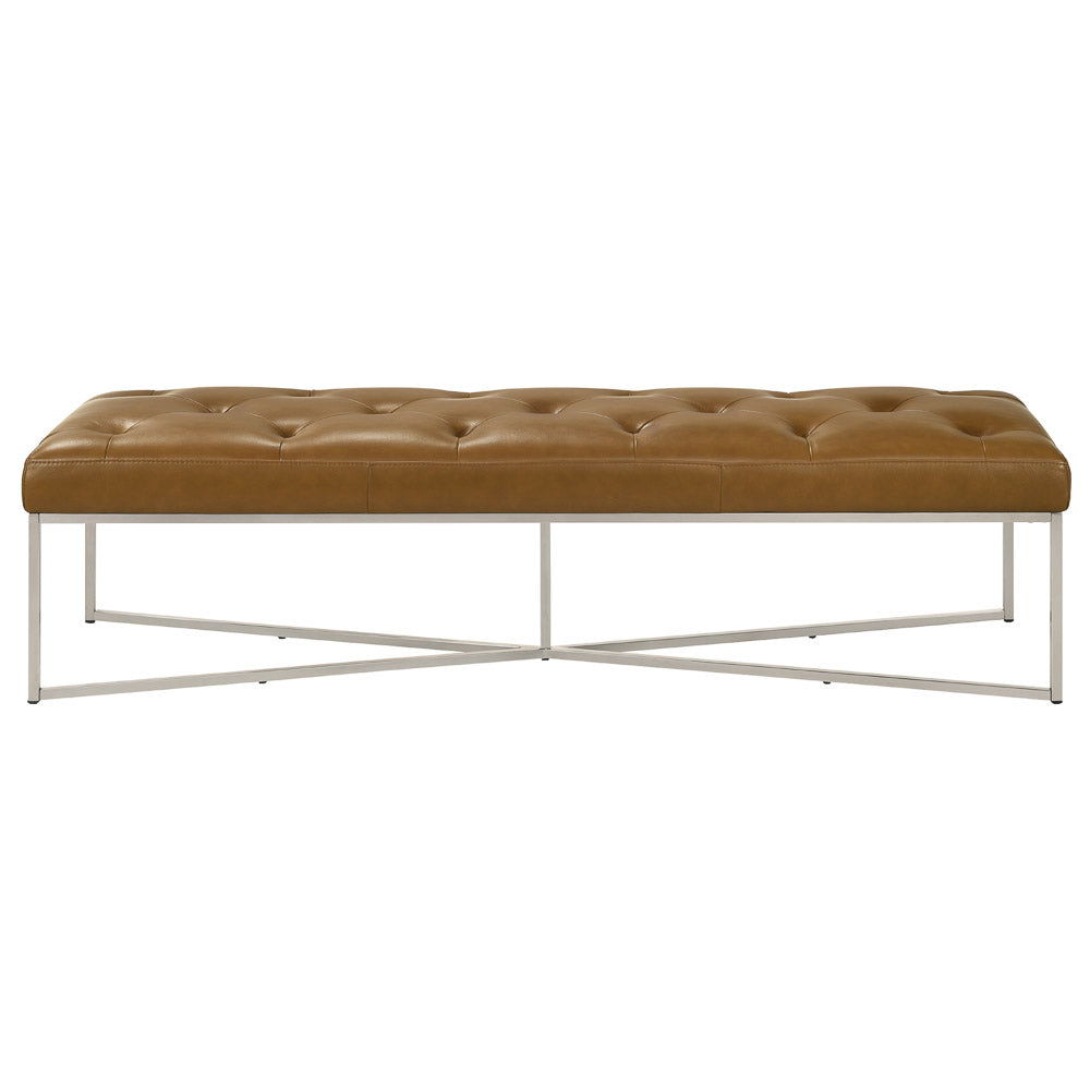 Harper Bench tan tufted leather with solid teak frame and metal legs on Tampa Home & Garden Store