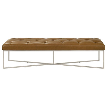 Harper Bench tan tufted leather with solid teak frame and metal legs on Tampa Home & Garden Store