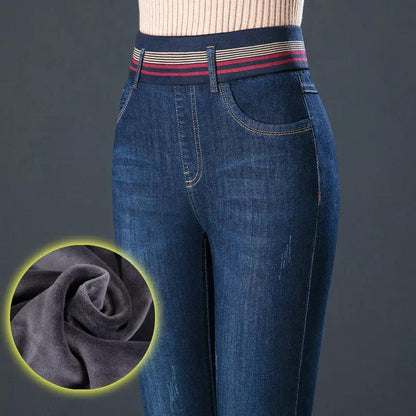 Elastic Waist Autumn And Winter Velvet Padded Jeans FLIPSTYLEZLLC, dark blue denim on Tampa Home & Garden Store