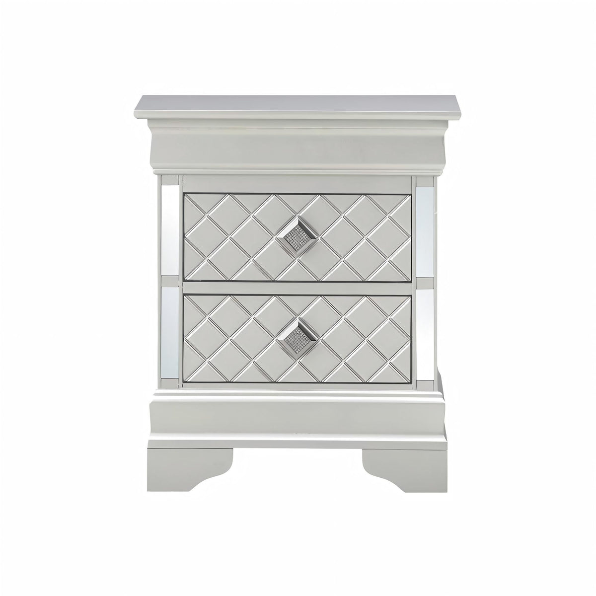 Verona Nightstand by HouseOfZazla with diamond mirrored front panels in pearl silver finish on Tampa Home & Garden Store