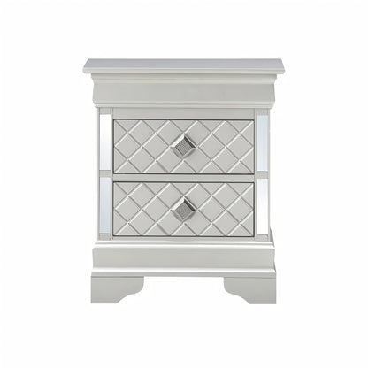 Verona Nightstand by HouseOfZazla with diamond mirrored front panels in pearl silver finish on Tampa Home & Garden Store