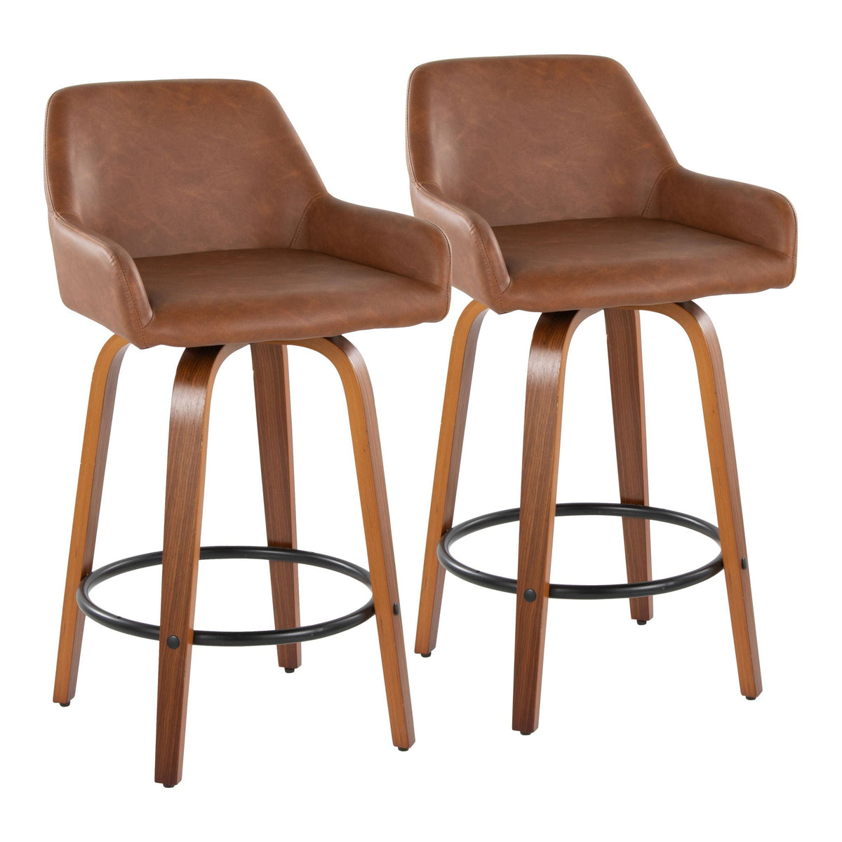 Pair of brown leather fixed-height swivel counter stools with round black footrests and curved wood legs on Tampa Home & Garden Store