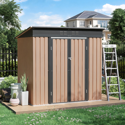 HouseOfZazla metal garden shed 6x4 ft with hinge doors and pent roof, beige panels with trim on Tampa Home & Garden Store