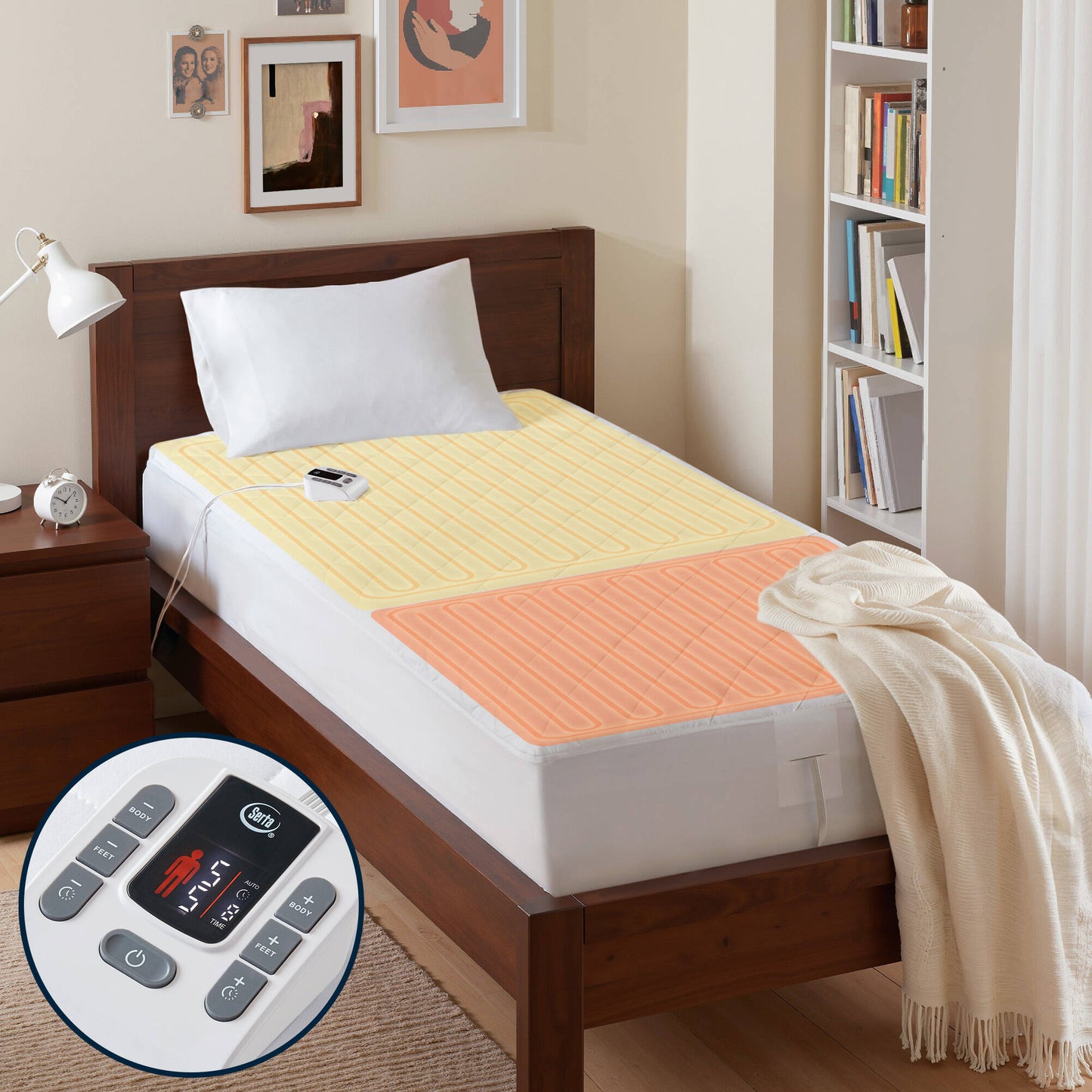 1-Piece Full Heated Mattress Pad HouseOfZazla, yellow striped cover with Serta remote on bed on Tampa Home & Garden Store