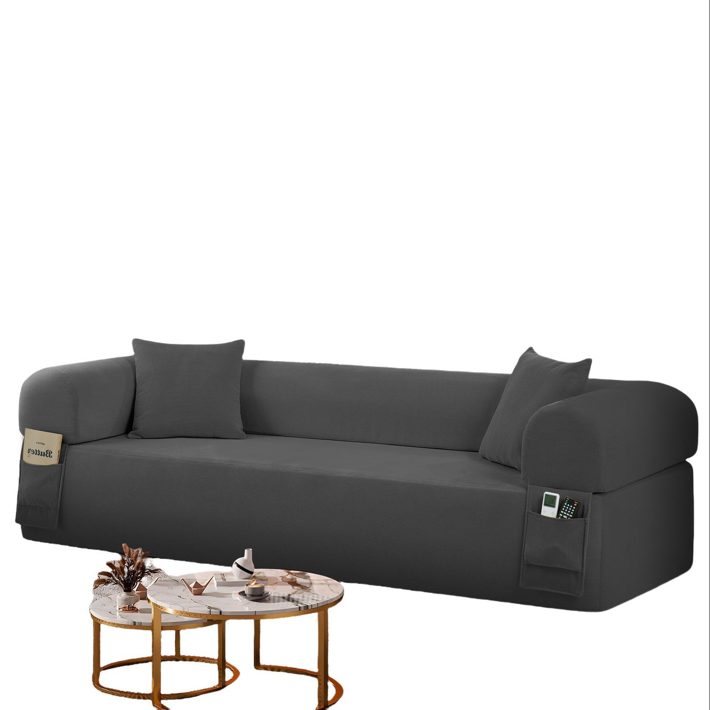 Spring sofa gray fabric with pillows and built-in side storage pockets by HouseOfZazla on Tampa Home & Garden Store